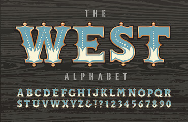 A Western, Old West Frontier, Cowboy, or Circus Americana Alphabet; This Font has Ornate Outlines with Copper Effects and Inner Two-Toned Detailing. Good for Circus Carnival Graphics, Signage, etc. - obrazy, fototapety, plakaty