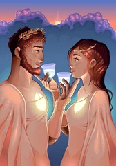 Poster The Two of Cups in de Tarot duidt op een ontmoeting tussen twee zielen die de beker van liefde delen. Vector illustratie. © ddraw