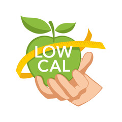 Low-Cal food icon - weight loss diet emblem with apple in hands and measuring tape