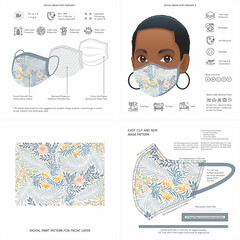 Floral Print, White, Light, Flower, Background Pattern Seamless Design for Face Mask, Pillow, Print, Fashion, Clothing, Fabric, Mockup Template Protective Face Mask Seamless Print Vector, Abstract