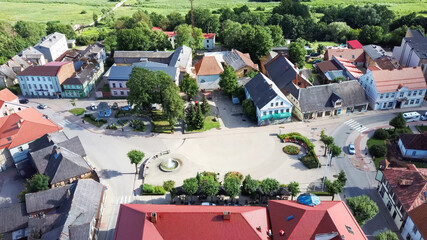 Aerial View of the  Holy Trinity Lutheran Church in Tukums, Latvia. Golden Cock Statue on the Top...
