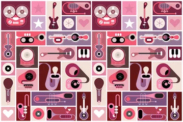 Papier Peint photo Art abstrait Collage d& 39 instruments de musique, illustration vectorielle pop-art. Conception d& 39 affiches musicales avec de nombreux éléments différents. Peut être utilisé comme arrière-plan transparent.