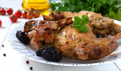 Baked rabbit with prunes. Diet menu. Proper nutrition.