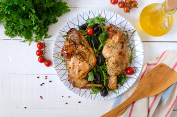 Baked rabbit with prunes. Diet menu. Proper nutrition. The top view