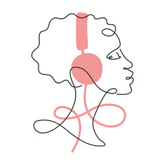 Girl in headphones listen music in continious single line decoration - isolated vector illustration