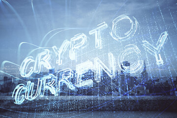 Double exposure of crypto currency theme hologram drawing and city veiw background. Concept of blockchain and bitcoin.