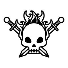 death skull head with swords crossed on fire line style icon