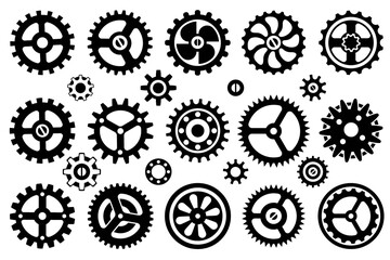 Vector icon set. Silhouette image of seample mechanisms, wheels and gears isolated on a white background