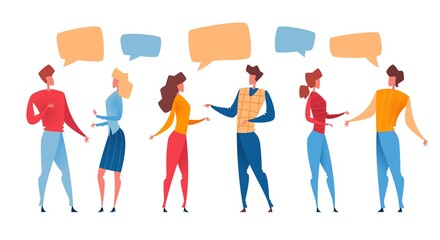 Fototapeta premium Group of cartoon people talking with colorful speech bubbles. Vector illustration.