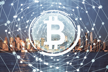 Double exposure of crypto currency theme hologram drawing and city veiw background. Concept of...