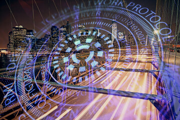 Data theme hologram drawing on city view with skyscrapers background double exposure. Ai concept.