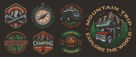 Set of color vintage badges for the camping theme on the dark background. Perfect for posters, apparel, T-shirt design and many other. Layered