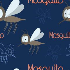 Hand drawn seamless pattern for World Mosquito Day in august 20. Vector mosquito and hand written text.