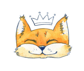 Fox cat squirrel red muzzle face smile crown childrens postcard isolated cute love orange child animal character watercolor pencil rough