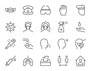 Coronavirus prevention line icon. Minimal vector illustration with simple outline icons as surgical face mask, gloves, PPE, wash hands, corona virus, social distance thin linear pictorgams