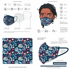 Abstract, Floral Print, Navy, Light, Dark, Flower, Background Pattern Seamless Design for Face Mask, Pillow, Print, Fashion, Clothing, Fabric, Mockup Template Protective Face Mask Seamless Vector
