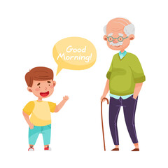 Cheerful Boy Saying Good Morning to Senior Man Vector Illustration