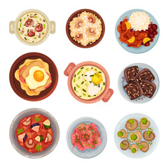 Portuguese Dishes and Main Courses with Stuffed Snails View from Above Vector Set