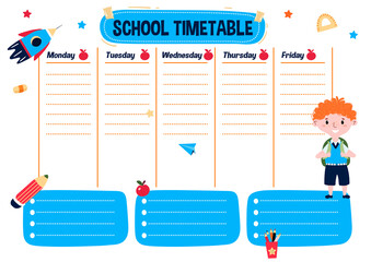 School Timetable in English with day of week. Cartoon Schedule for children with boy in school uniform with bag. Chart for weekly lessons with decorative elements. Daily education Plan.