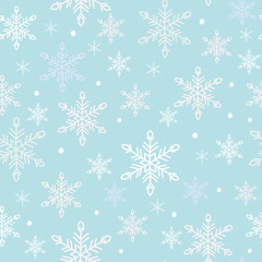 Snowflakes seamless pattern. White snow crystals on sky blue background. Great for winter fabric, textile, Christmas wrapping paper, scrapbooking. Surface pattern vector design.