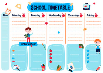 Printable planning list for kids. School timetable for student. Weekly schedule for lessons and program after school. Education Planner. Organizer for college with cute chart.