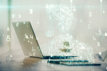 Double exposure of table with computer on background and data theme drawing. Concept of innovation.