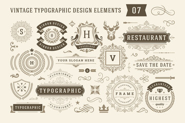 Vintage typographic design elements set vector illustration. - obrazy, fototapety, plakaty