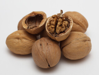 Organic ingridients. Fresh kernel snack of walnut.  Broken walnuts. Tasty vegan nuts. Organic diet food. Healthy delicious. 