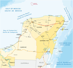 road and administrative vector map of the Yucatan Peninsula
