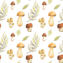 mushrooms autumn snail leaves forest gathering white background cute childrens style pattern watercolor seamless repeating