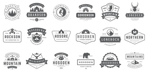 Camping logos and badges templates vector design elements and silhouettes set - obrazy, fototapety, plakaty