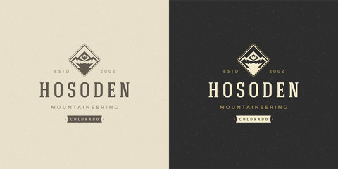 Mountain camping logo emblem outdoor landscape vector illustration rock hills silhouette for shirt or print stamp