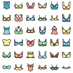 Bra icons set. Outline set of bra vector icons thin line color flat on white