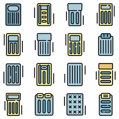 Inflatable mattress icons set. Outline set of inflatable mattress vector icons thin line color flat on white