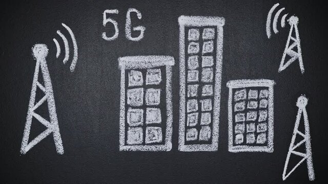 Stop motion dangerous 5G towers drawn on chalkboard bringing death to people