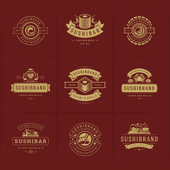 Sushi restaurant logos and badges set japanese food with sushi salmon rolls silhouettes vector illustration