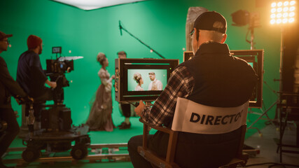 Director Shooting Period Film Green Screen CGI Scene with Actors Wearing Renaissance Costumes. Big Film Studio Professional Crew Shooting Big Budget Movie. Back View Shot - obrazy, fototapety, plakaty