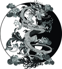 head red traditional Chinese dragon symbol and Yin Yang vector illustration print