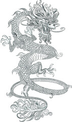 traditional Chinese dragon symbol sketch black and white vector illustration