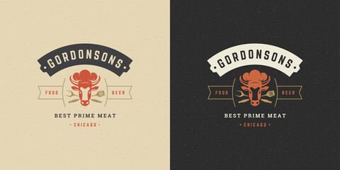 Barbecue logo vector illustration grill steak house or bbq restaurant menu emblem cow head with flame silhouette