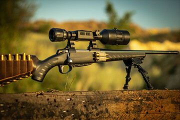 bolt action rifle with night vision optics, thermal imager, ballistic calculator, soft focus,...