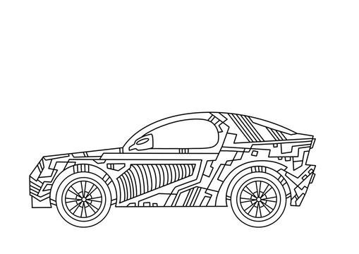 Sports car. Low car. Coloring book for children. Road car, speed, movement. Simple lines, author's illustrations.