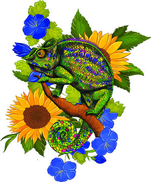 chameleon green on a background of sunflowers composition vector illustration color