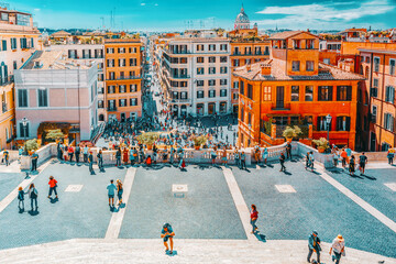 ROME, ITALY- MAY 08, 2017:  Beautiful landscape  historical view of the Rome, street, people, tourists on it. Spanish Sqare (Piazza di Spagna) and descent from the Spanish Stairs. Italy. - obrazy, fototapety, plakaty