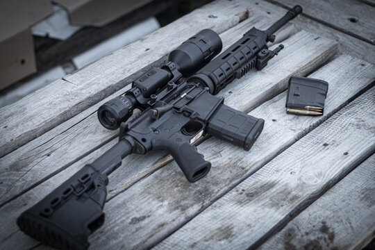 semi-automatic rifle, AR-10, night vision optics, thermal imager, ballistic calculator, soft focus, backlight, entourage