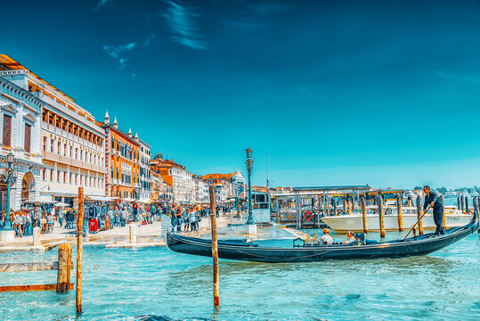 VENICE, ITALY - MAY 12, 2017 : Embankment of the Grand Canal with Gondolas . Italy.