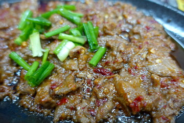 Asian Street Food - Spicy BBQ Beef in hot plate