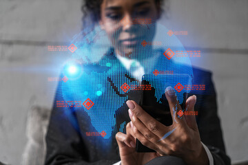 Businesswoman using phone, work in modern office on new project. Double exposure. Concept of success. World map planet earth hologram.