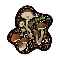 Forest vector nature greeting card with mushroom, fern and forest herbs.  Beautiful natural illustration for t-shirt print.