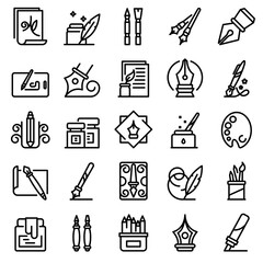 Calligraphy tools icons set. Outline set of calligraphy tools vector icons for web design isolated on white background